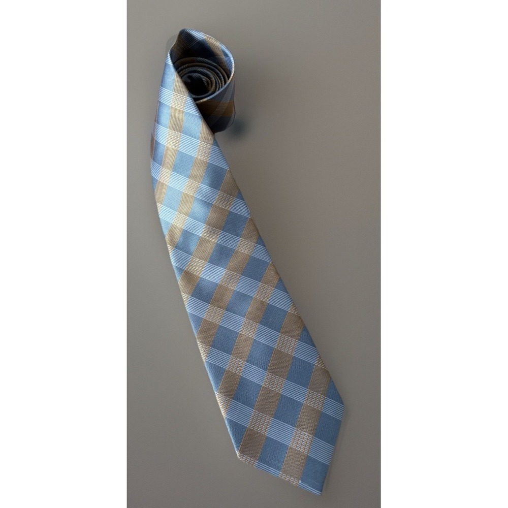 Firenze Neckwear Tie Silver Blue Gold Plaid AOP Pattern Italian 100% Silk JBHS